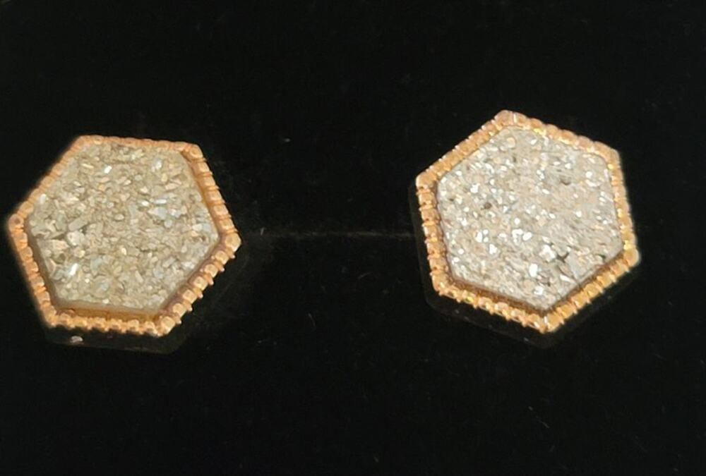 Crystal Druzy Earrings Post Back Gold Framed Hexagon NEW